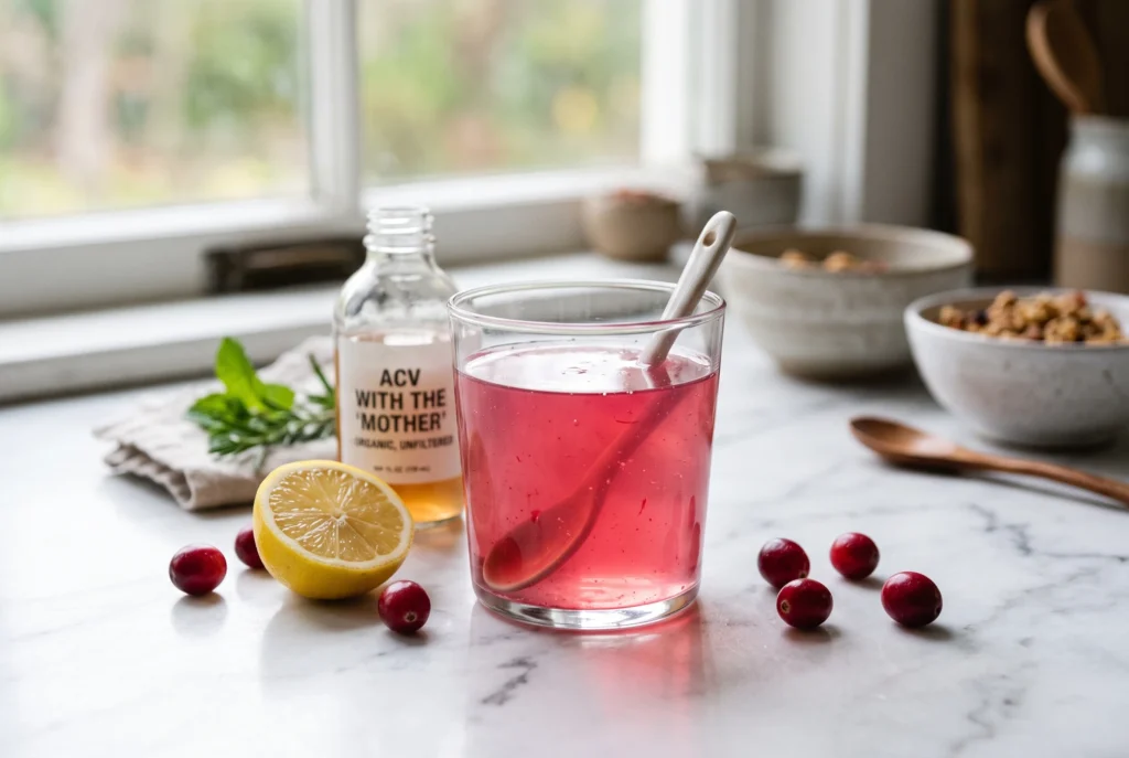 pink natural ozempic recipe with apple cider vinegar and cranberry juice in a glass