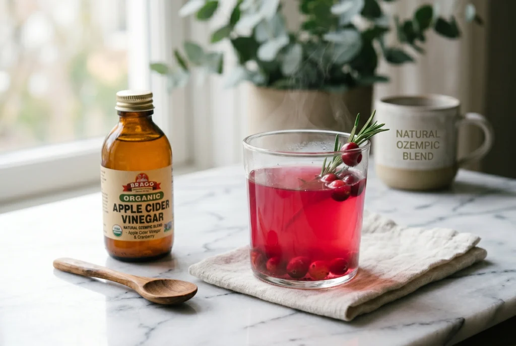 pink natural ozempic drink with cranberry juice and gelatin in a glass