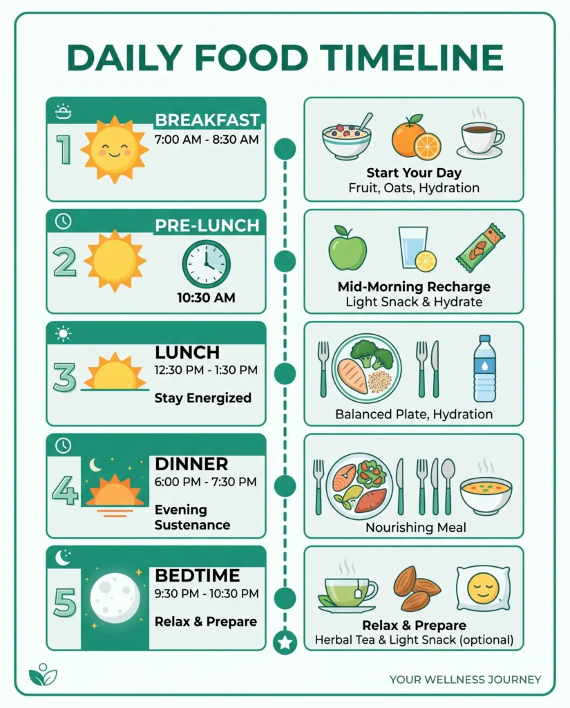 daily meal schedule infographic for what to eat on ozempic showing breakfast pre-meal lunch dinner bedtime