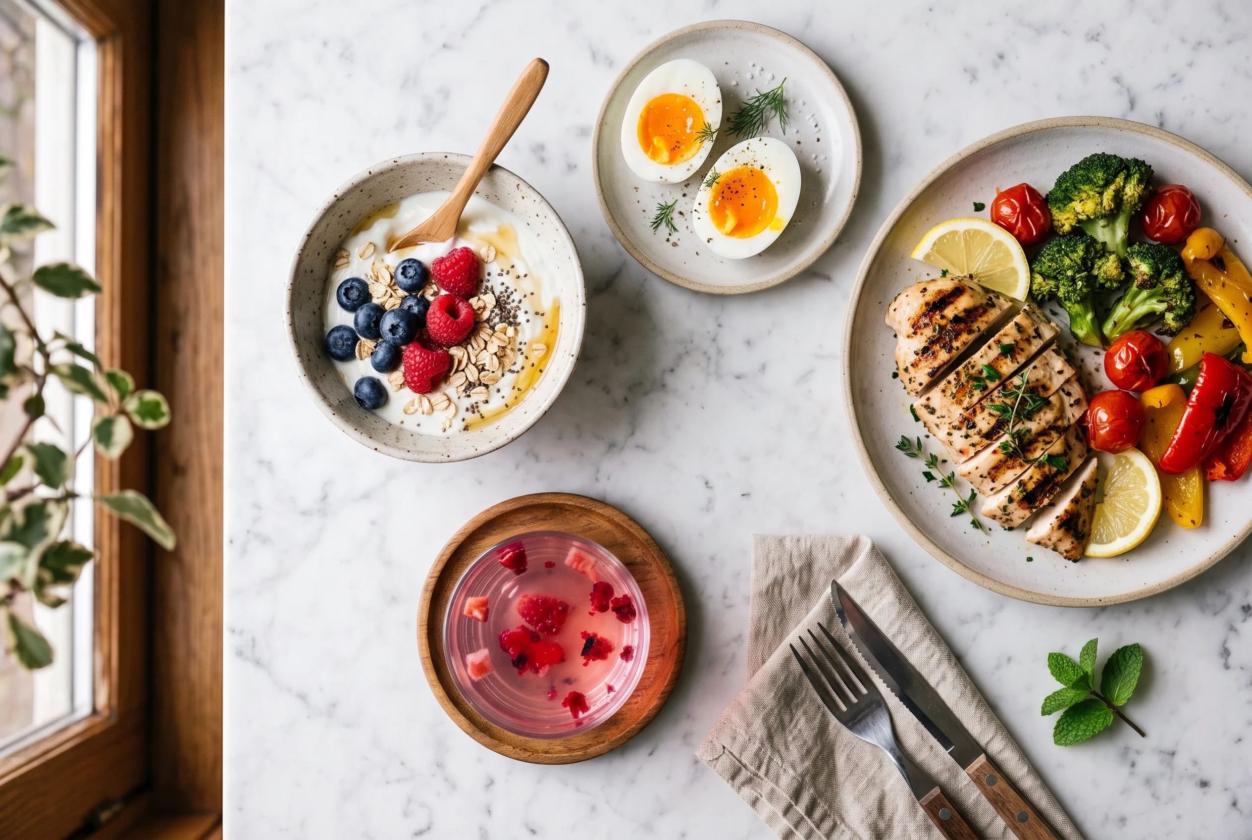 what to eat on ozempic food spread with gelatin drink eggs greek yogurt oats berries on white marble