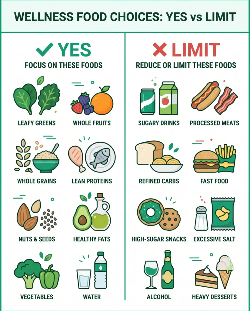 infographic showing foods to limit on ozempic including fried foods sugary drinks and large portions