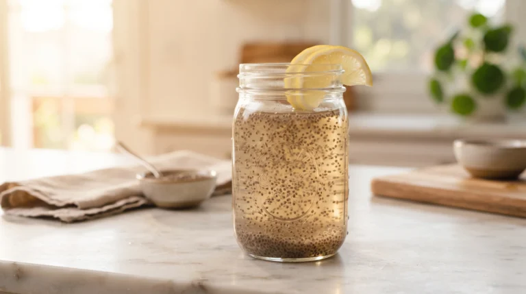 : Chia water for weight loss in a mason jar with fresh lemon slices, showing the gel-like texture that supports satiety and fiber intake