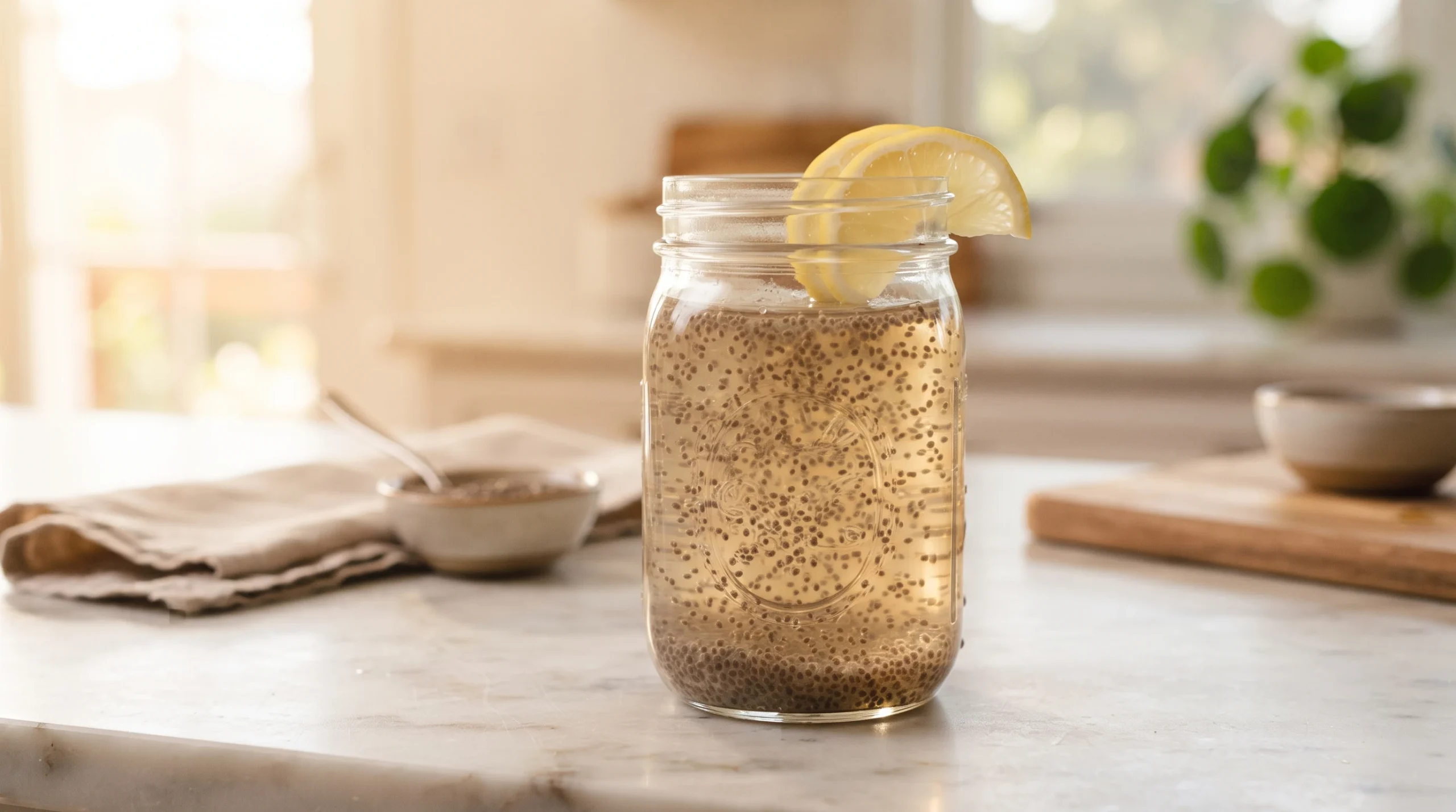 : Chia water for weight loss in a mason jar with fresh lemon slices, showing the gel-like texture that supports satiety and fiber intake