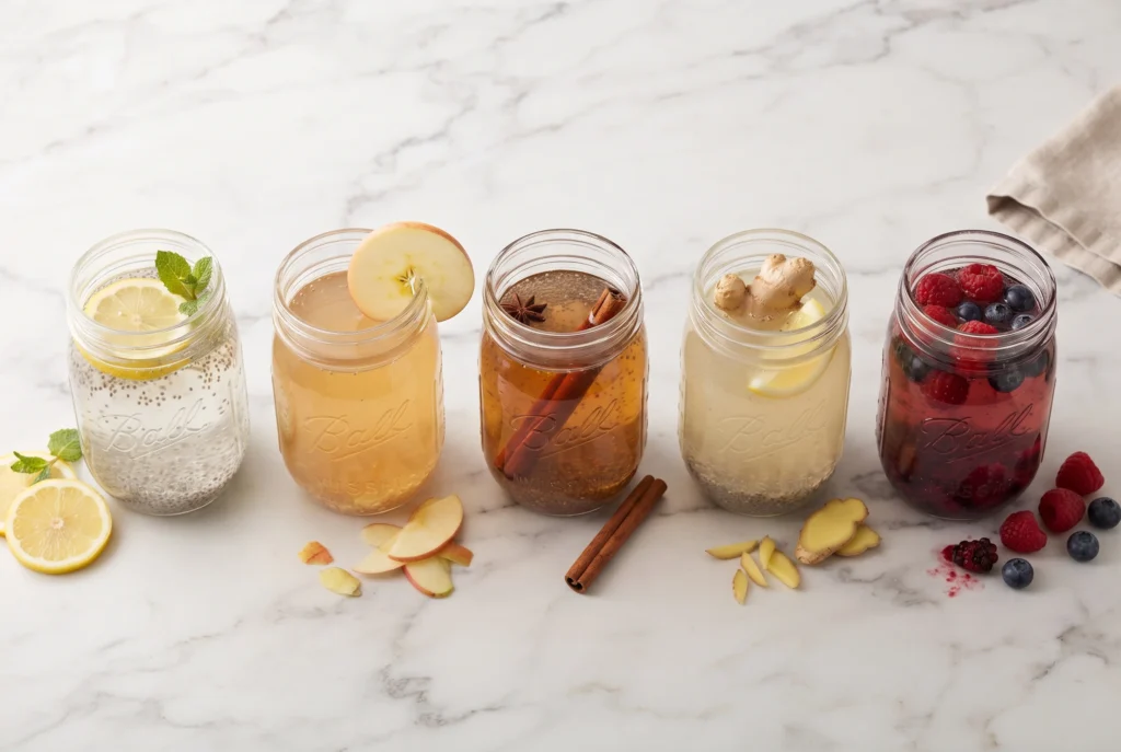 Five chia water for weight loss recipes — classic lemon, apple cider vinegar, cinnamon, ginger, and berry variations in mason jars