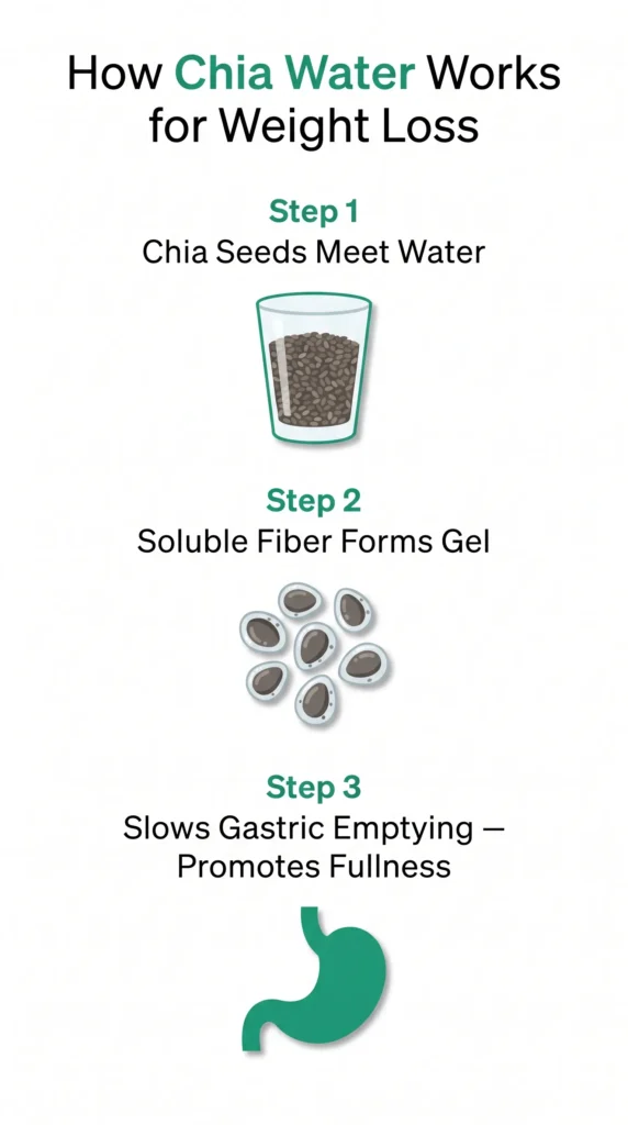 Chia water for weight loss infographic — how soluble fiber forms a gel in the stomach, slows gastric emptying, and triggers satiety