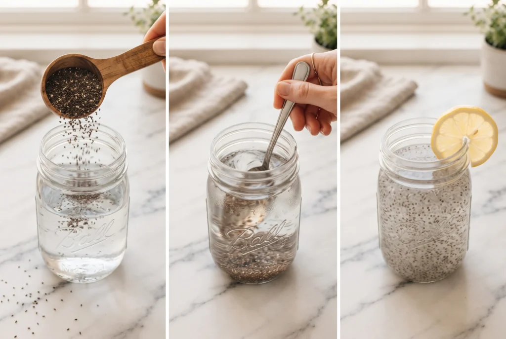 How to make chia water for weight loss step by step — stir 2 tablespoons chia seeds into 16 ounces of water, soak 15 minutes, add lemon