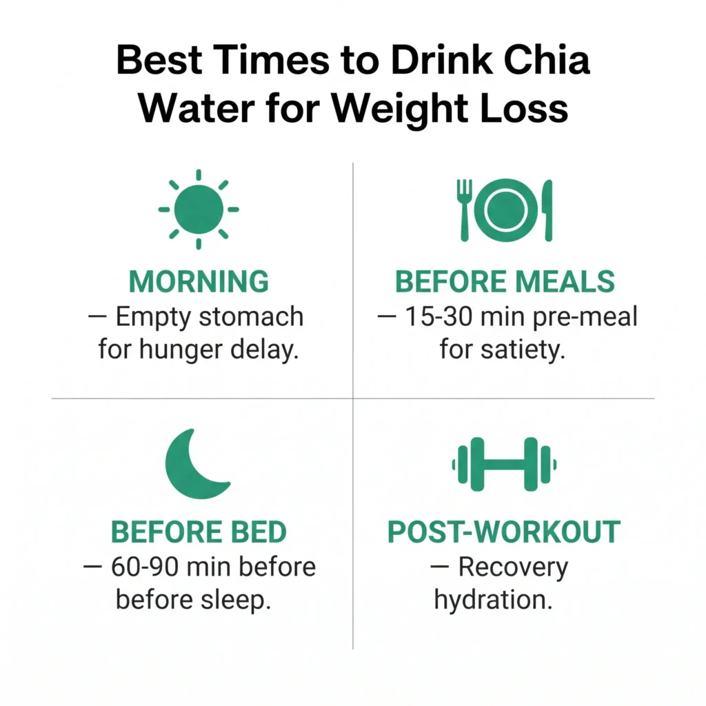 When to drink chia water for weight loss — morning empty stomach, before meals, before bed, and post-workout timing options explained